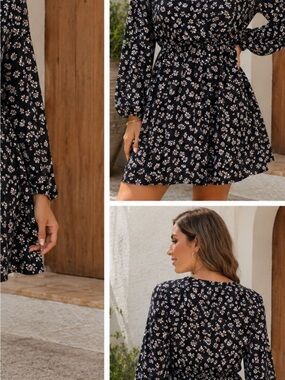 Black Floral Smock-Waist Mini Dress